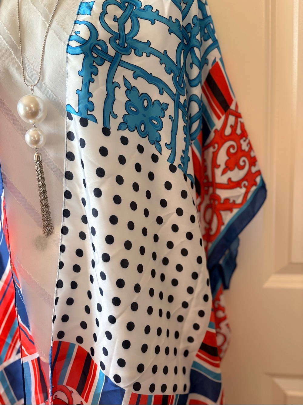 Cato Multicolor Patterned Draped Women's Top - White, Blue, Red, Black